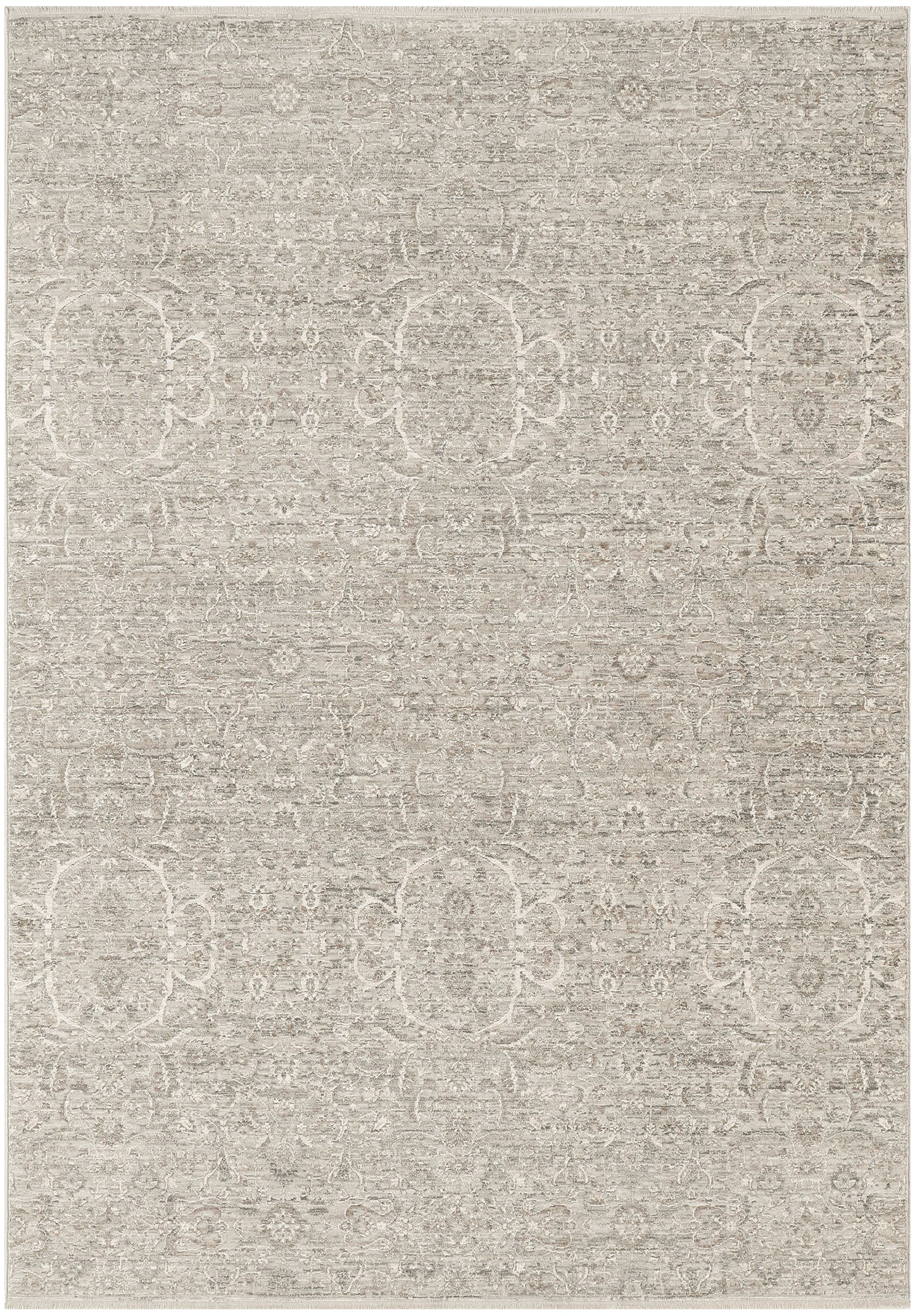 Soft beige distressed area rug with subtle vintage damask motifs and muted ivory tones.