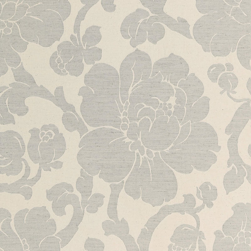 Soft gray damask floral pattern on beige backdrop; large peony-like blooms with curling vines.