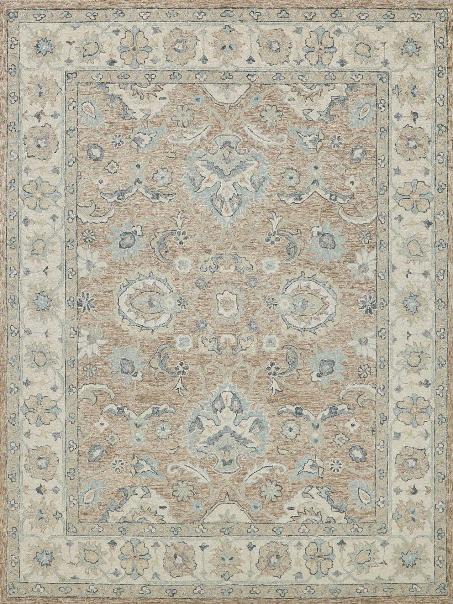Ornate area rug featuring a soft color palette of beige, light blue, and cream, with floral and paisley patterns.