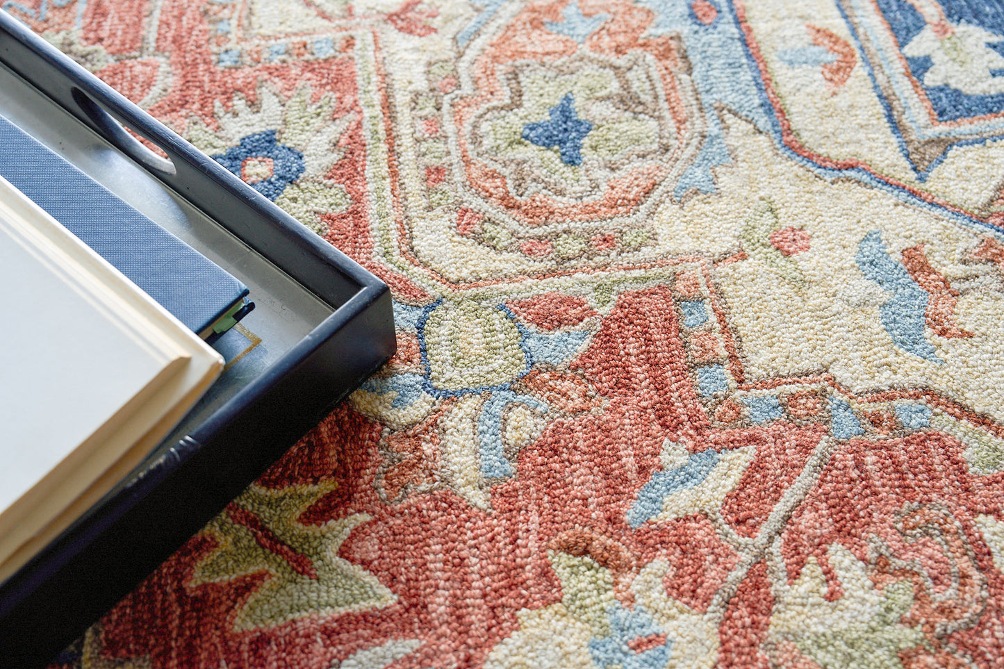 Navy blue traditional patterned hand-tufted area rug, 6' x 9'.