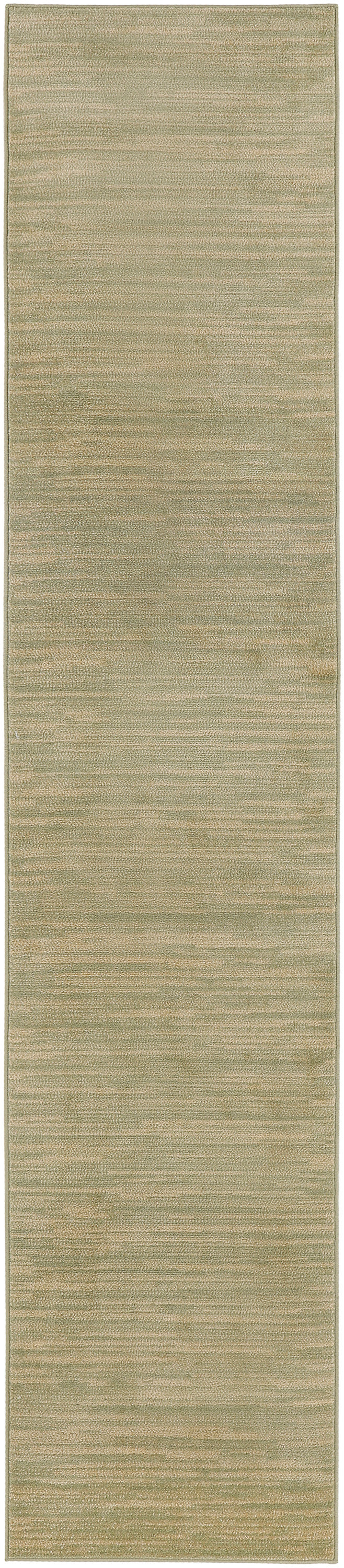 Beige rug runner with muted horizontal tonal stripes and narrow border.