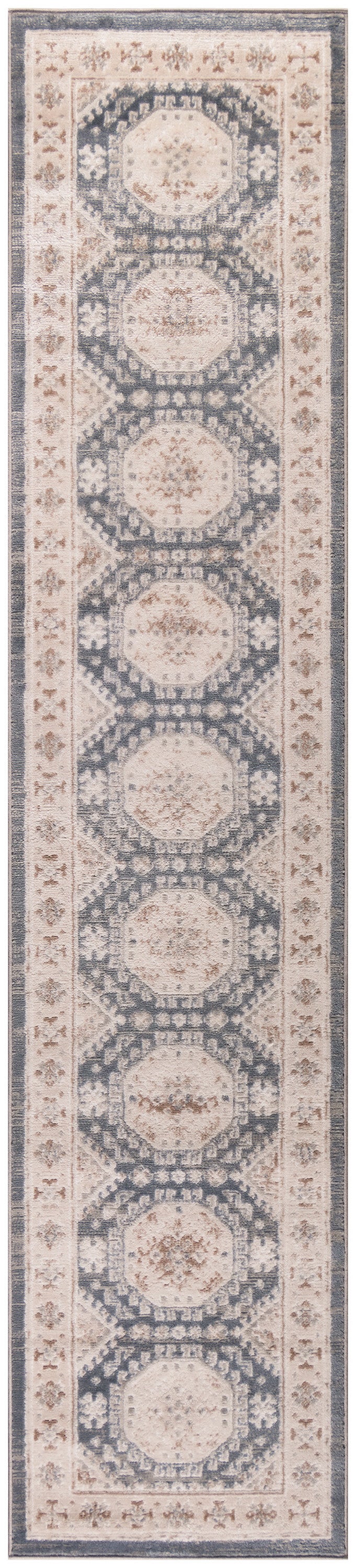 Narrow oriental rug runner with repeating beige medallions on a blue field and cream floral borders.