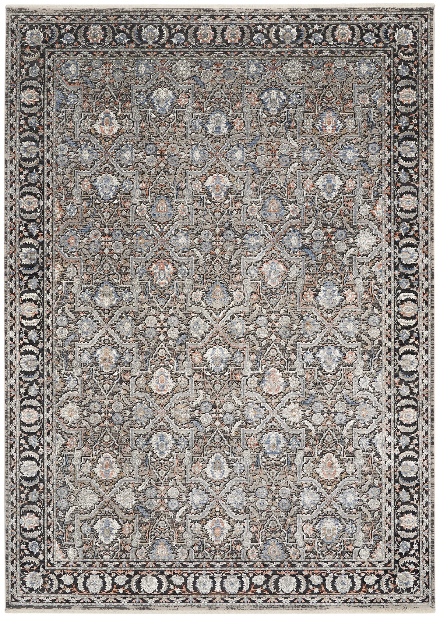 Rectangular Persian-style rug with a grey-blue field, ivory floral lattice, rust accents, and a black border.