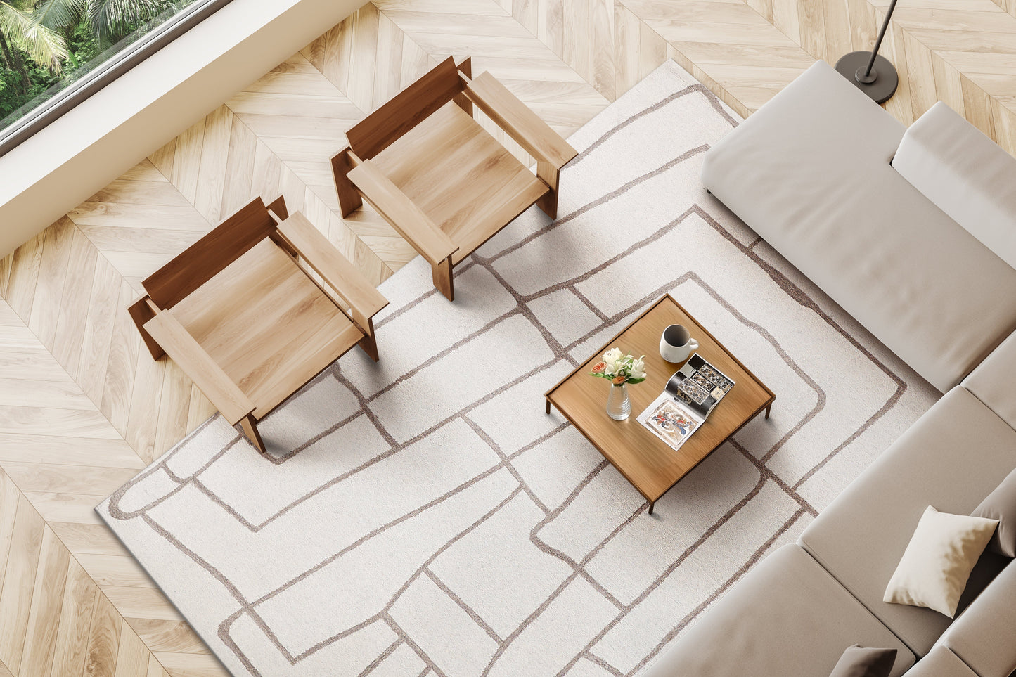 Top-down living room: light wood herringbone floor, gray geometric rug, beige sofa, wooden coffee table, two armchairs.