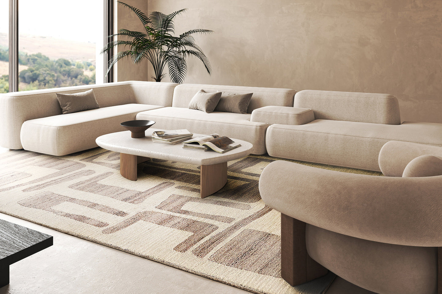 Geometric rug on floor with a beige sectional sofa, light wood coffee table, and a potted plant by a large window.