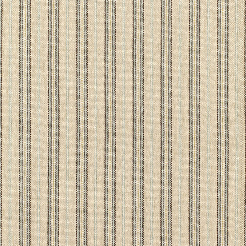 Beige striped woven fabric with vertical navy and black stripes; versatile upholstery/drapery textile
