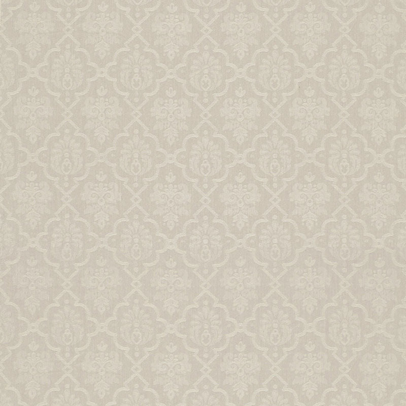 Beige damask wallpaper with subtle ivory pattern and lattice motif for refined interiors.