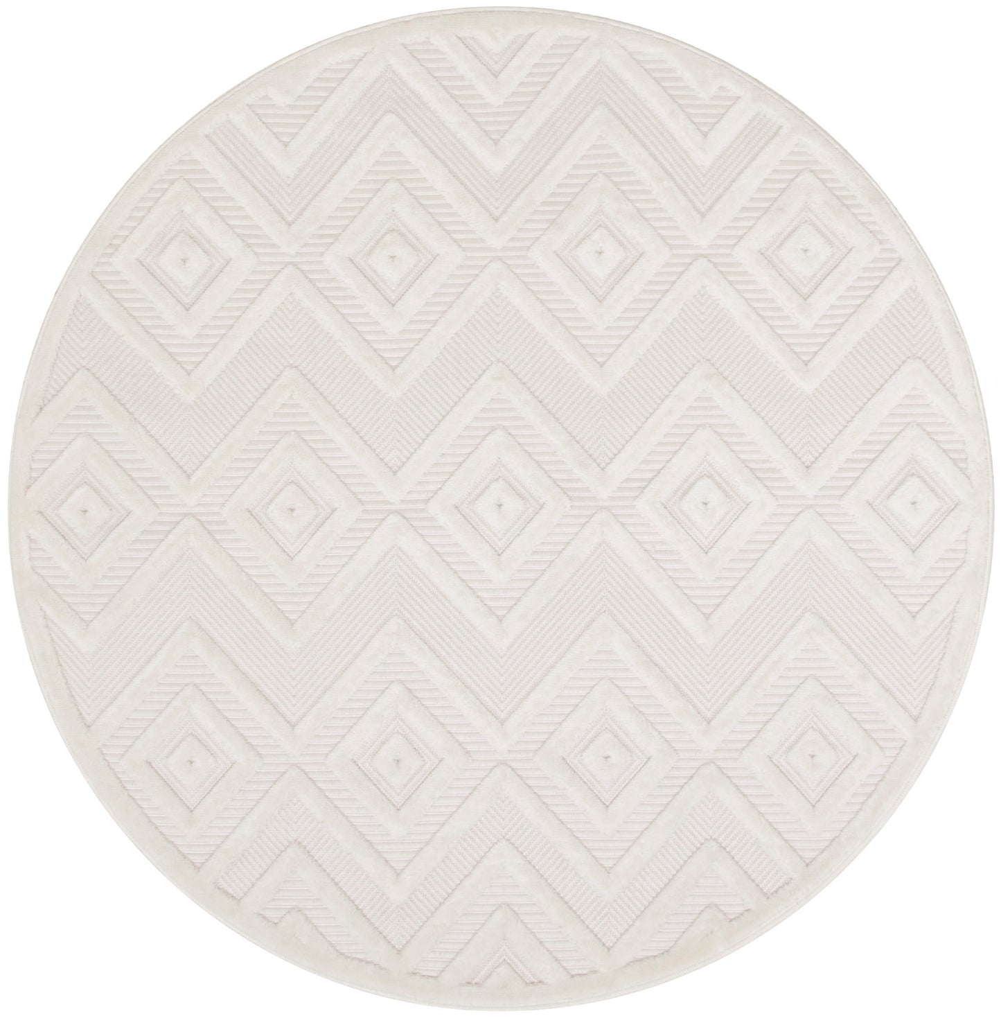 Round cream rug with embossed diamond geometric pattern and soft textured weave.