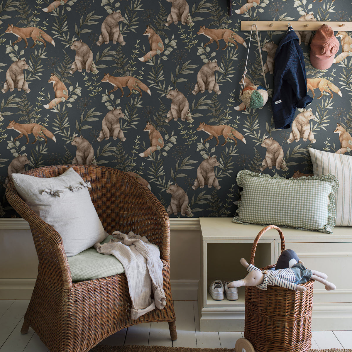 Woodland bear wallpaper in navy.