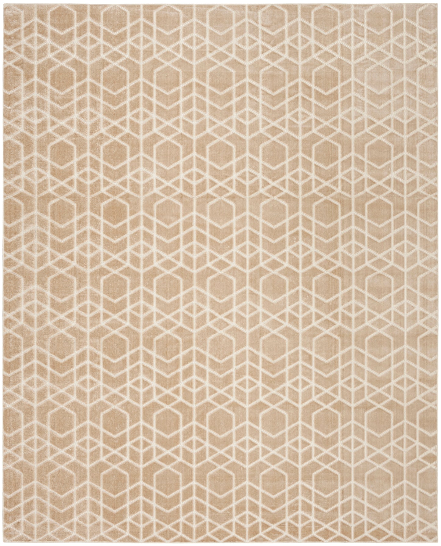 Beige woven area rug with white hexagonal cube lattice pattern; modern, neutral decor.