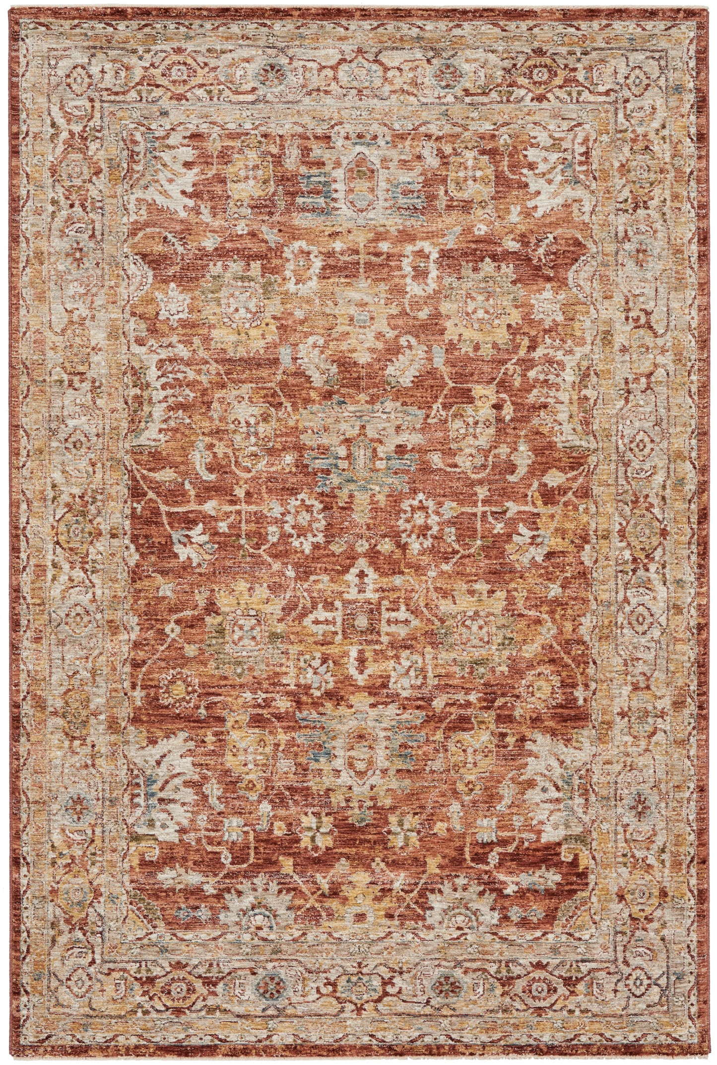 Rust-orange oriental rug with ivory, gold and pale blue floral motifs and an ornate cream border.