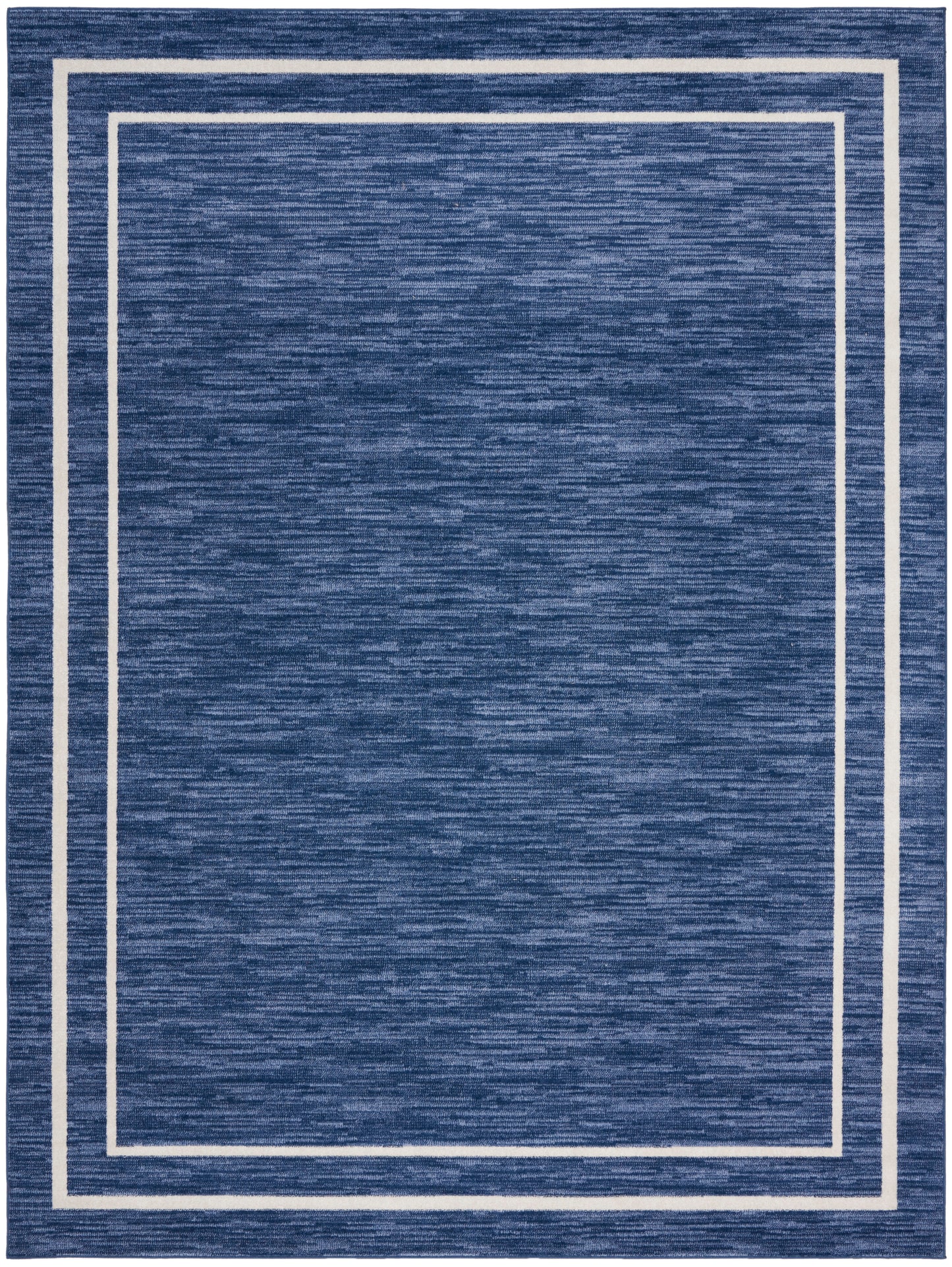 Blue heathered area rug with white nested rectangular borders for a modern geometric look.