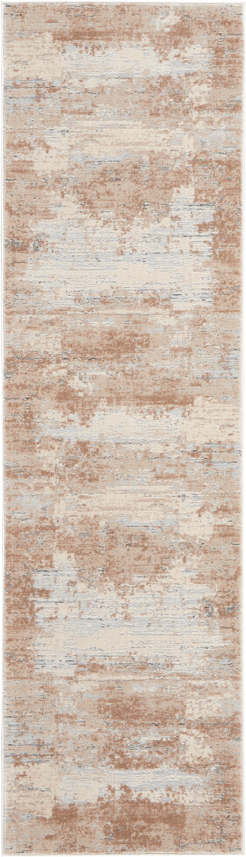 Long abstract distressed beige and tan runner rug with pale gray accents; modern style for hallway or entry.