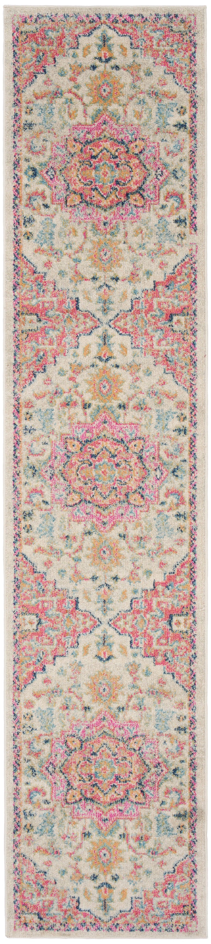 Ivory Persian-style runner rug, long and narrow, with pink, teal and gold floral medallions and decorative borders.