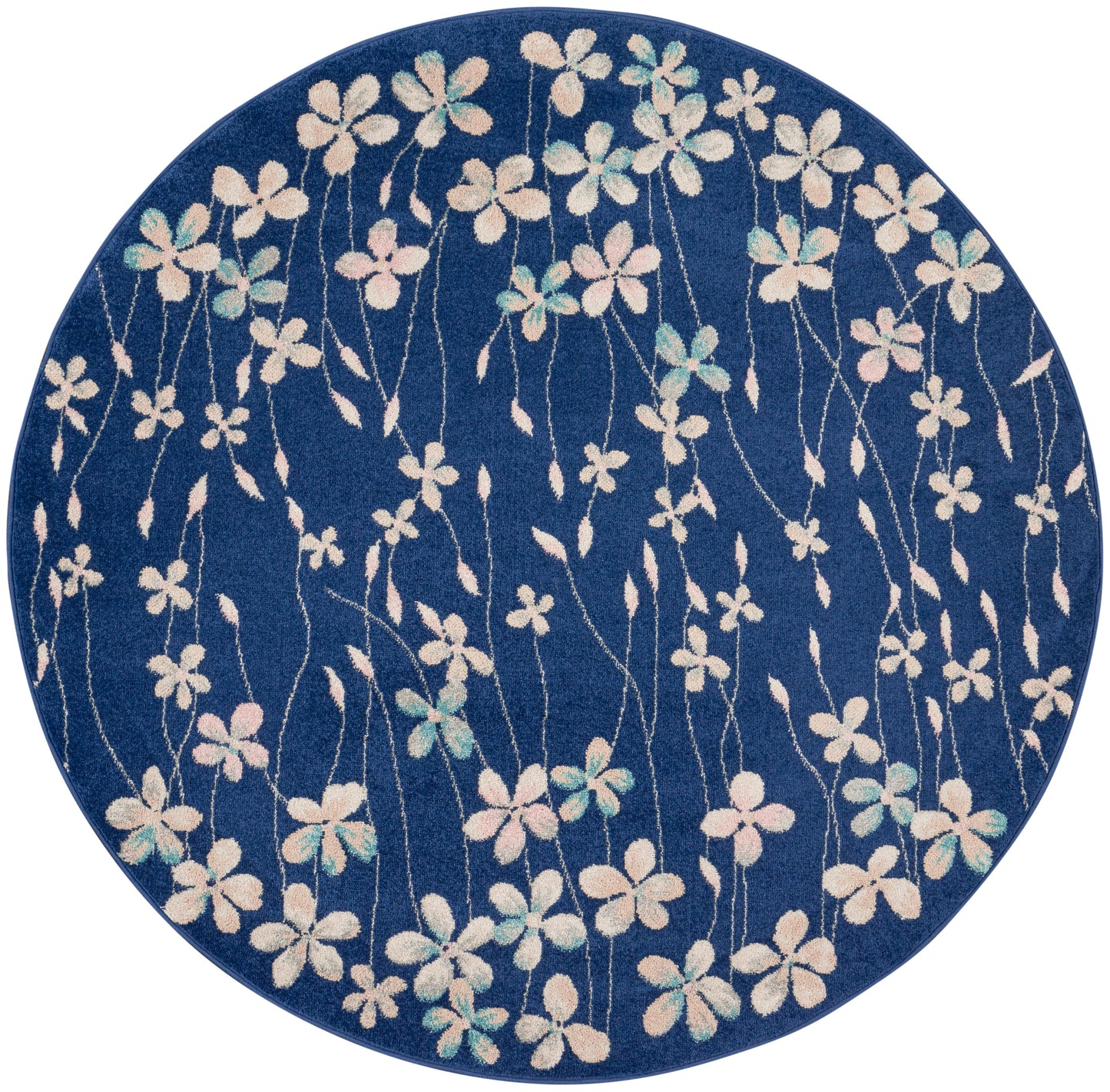 Round blue rug with white and pastel flowers on slender vines, a decorative floral pattern for floor decor.