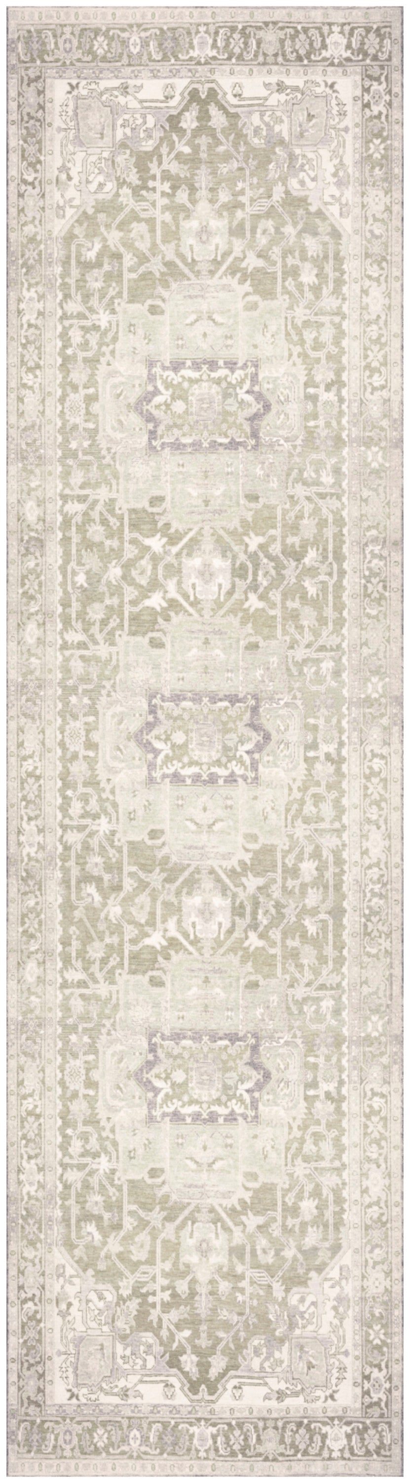 Long rectangular beige antique-style runner rug with muted gray floral medallions and ornate border.