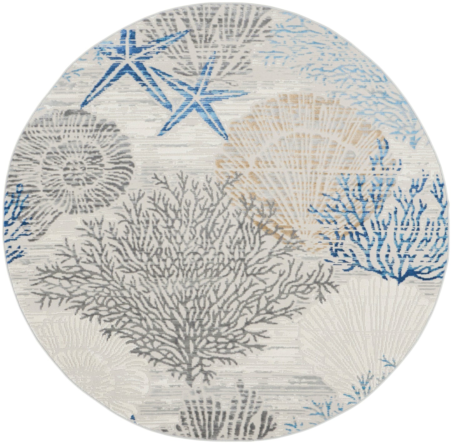 Round coastal rug with coral reef motifs in blue, gray and beige on a cream background.