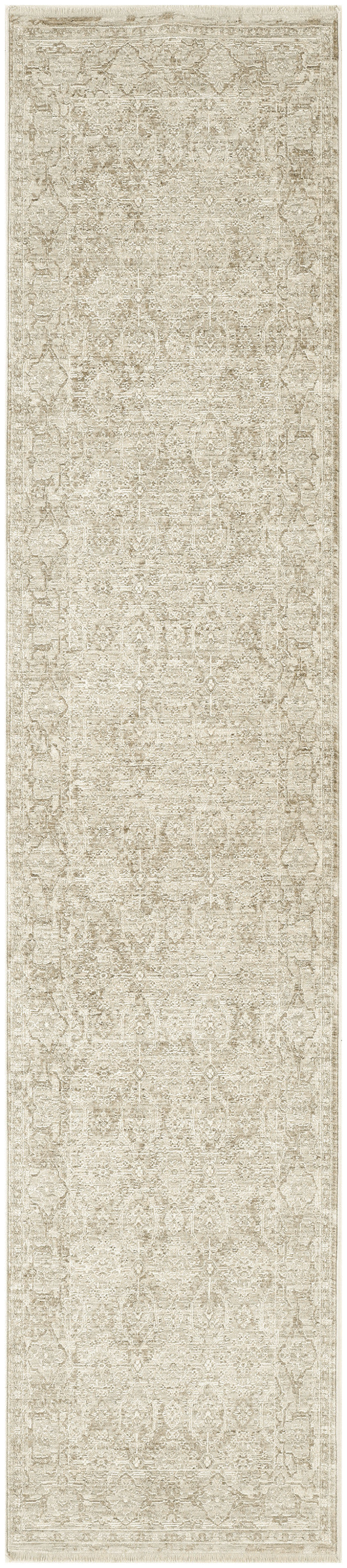 Cream-beige distressed-pattern runner rug with antique floral medallions and a bordered edge.