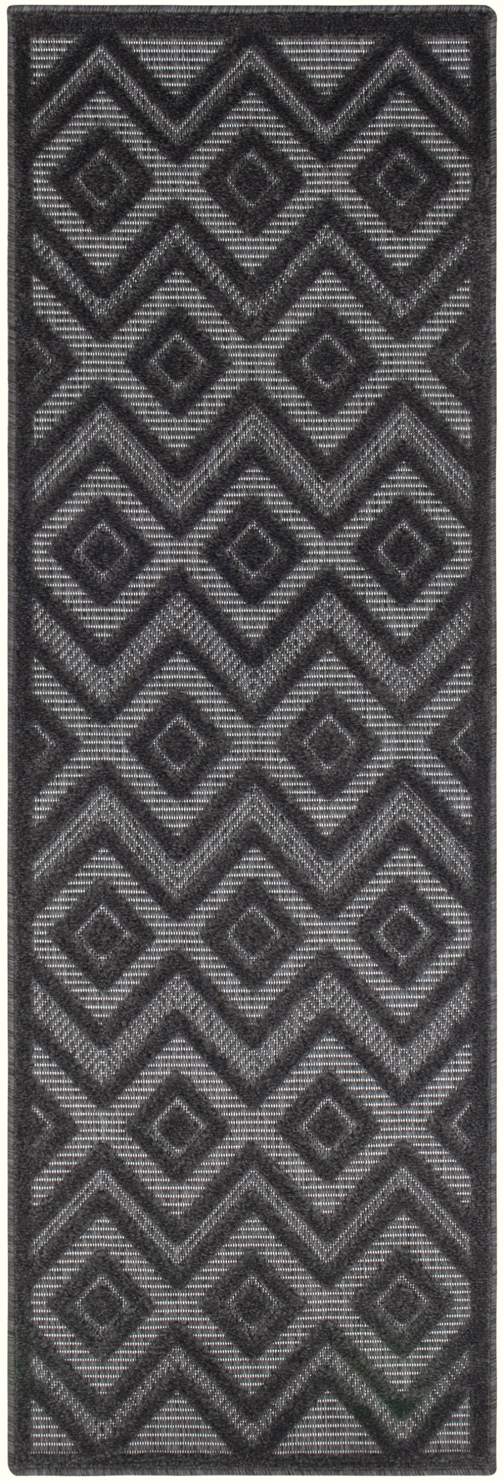 Rectangular 6' runner rug in charcoal and gray with geometric chevrons and diamonds, textured woven design.