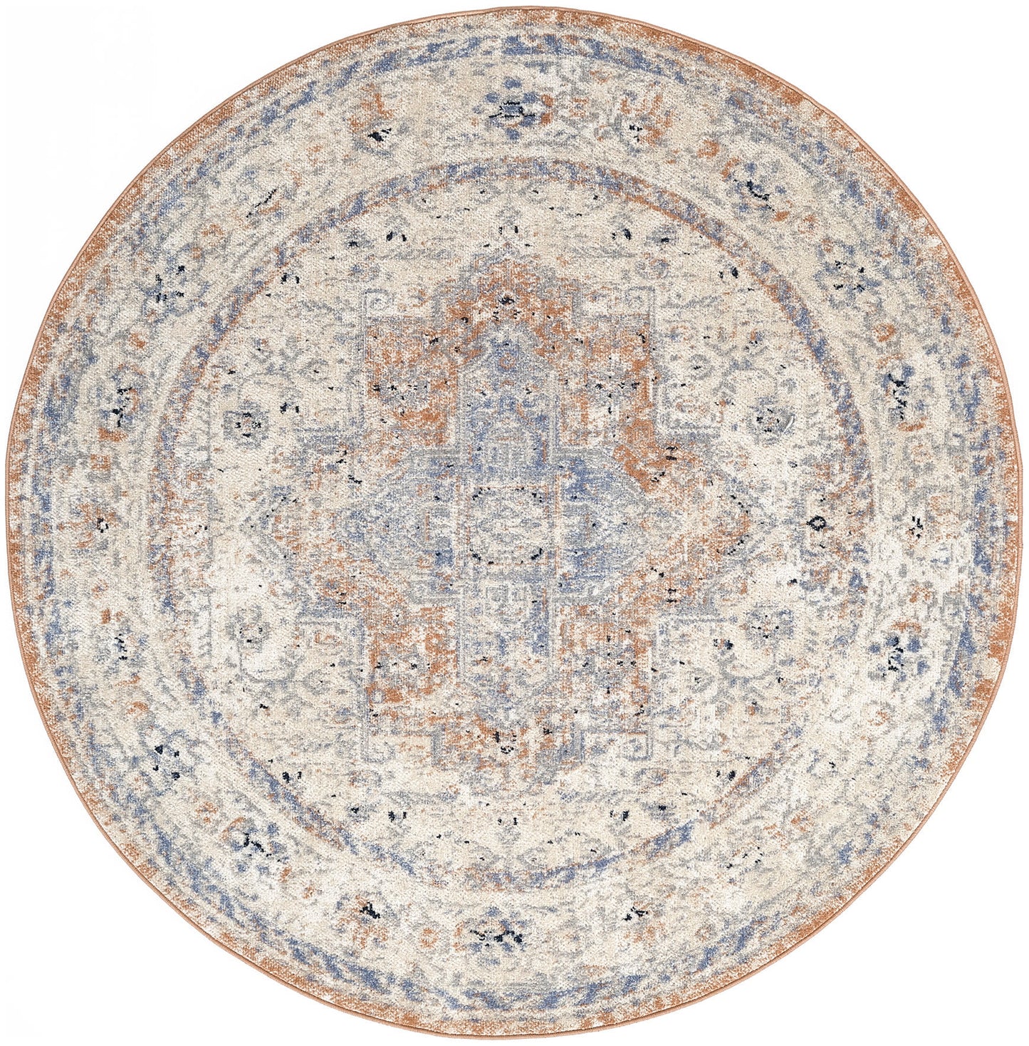 Round distressed oriental rug with ivory base, pale blue & rust medallion, and ornate concentric borders.