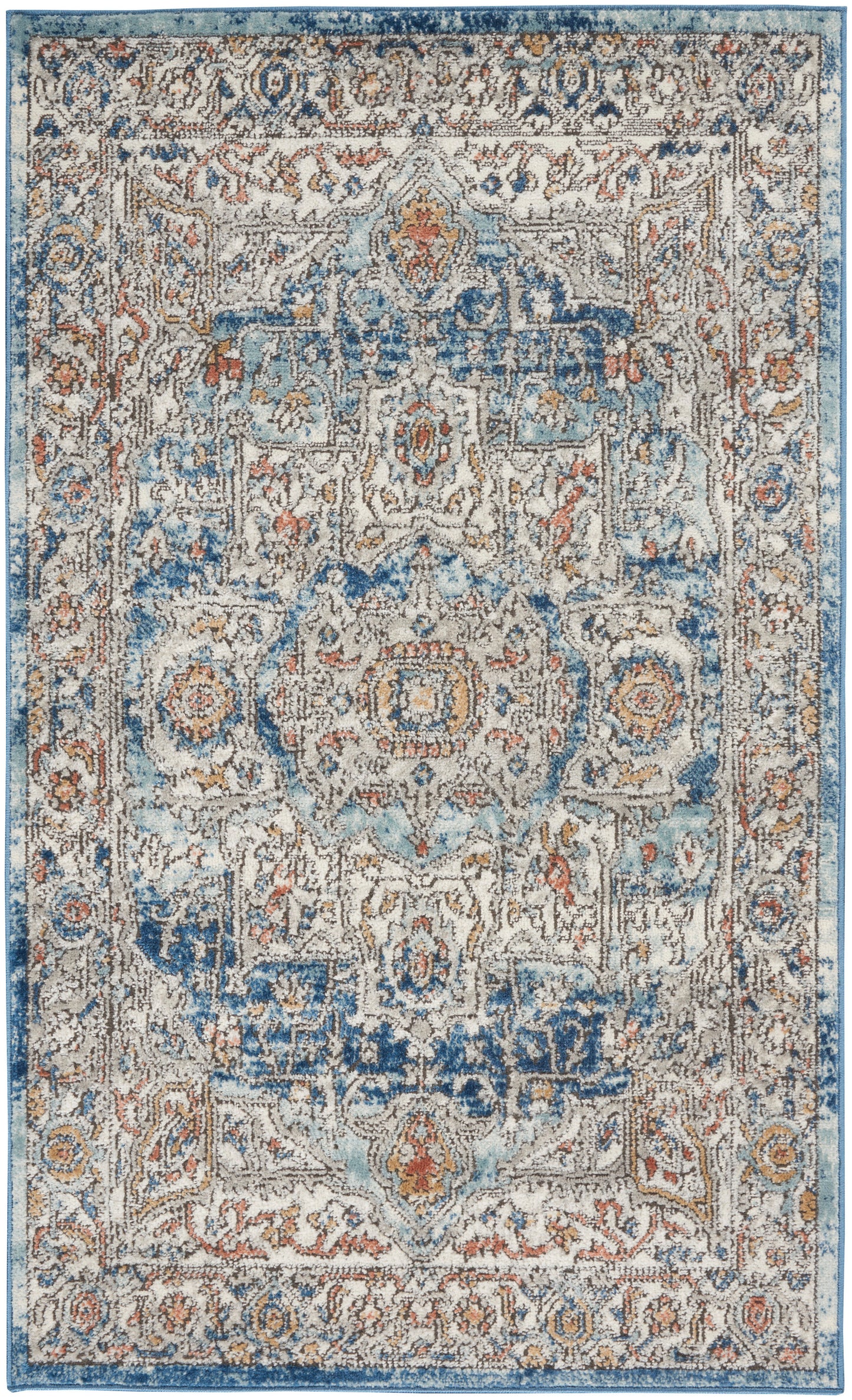 Blue and ivory distressed oriental area rug with central medallion, floral motifs and ornate border
