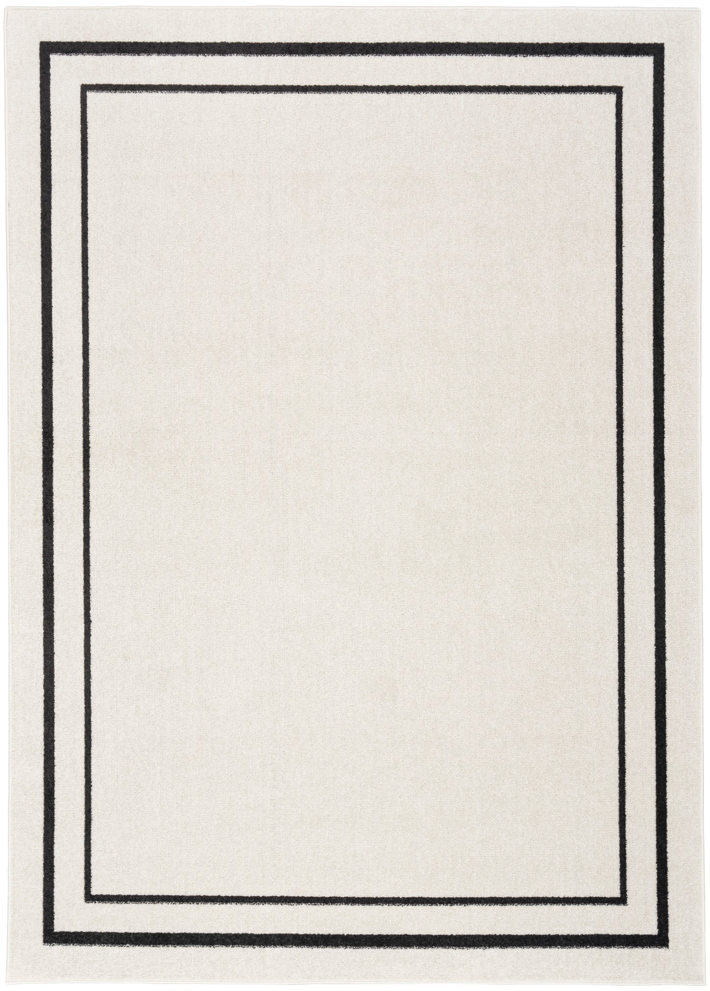 Beige rug with two black border lines forming inner and outer frames; minimalist rectangular design.