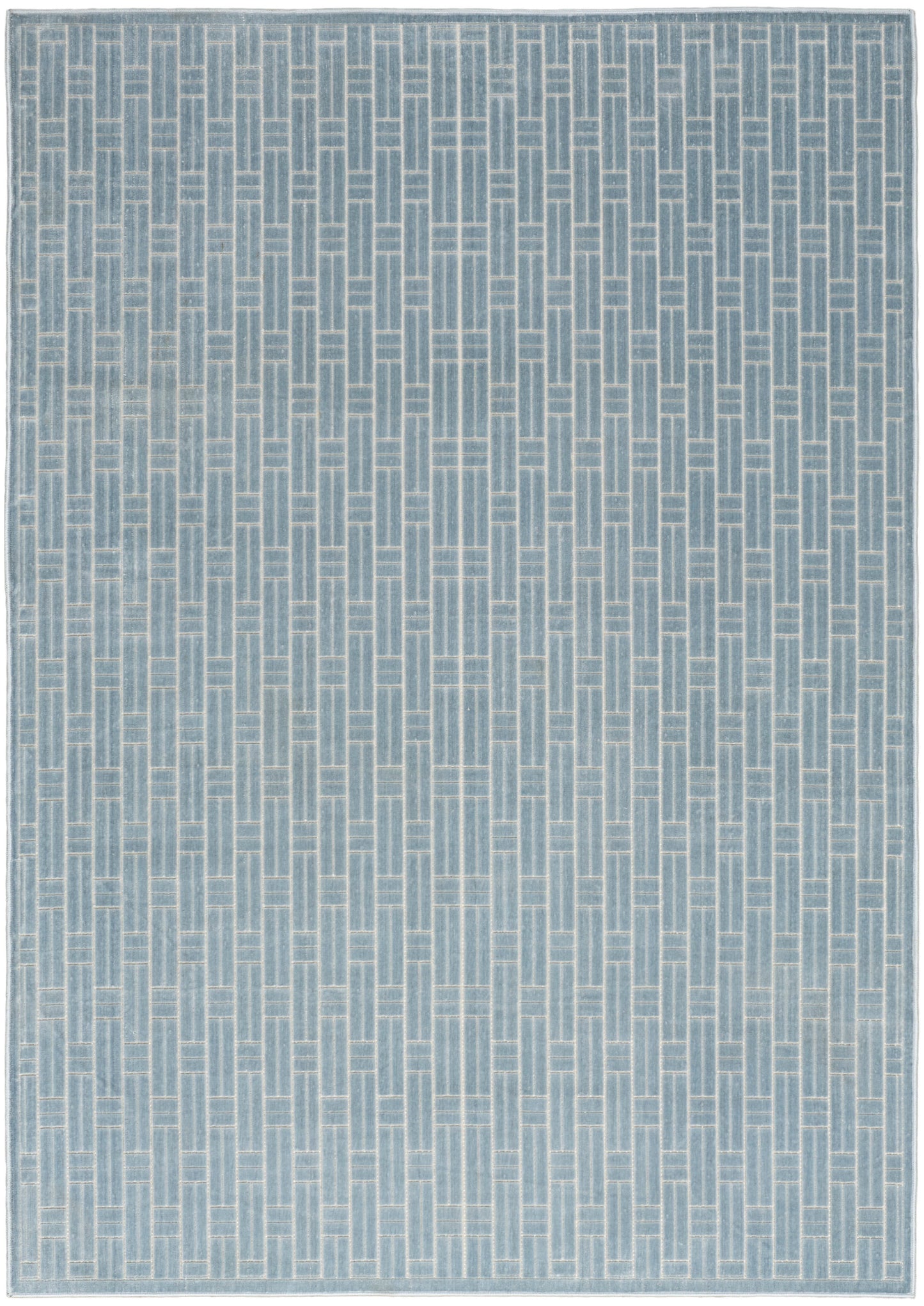 Blue woven area rug with pale white chain-link geometric pattern; rectangular, modern coastal style.