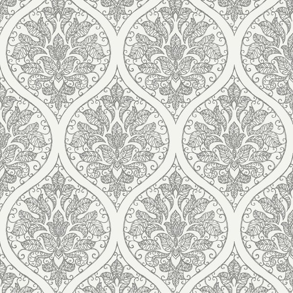 Gray damask wallpaper with ornate floral motifs forming teardrop shapes; elegant vintage wall pattern.