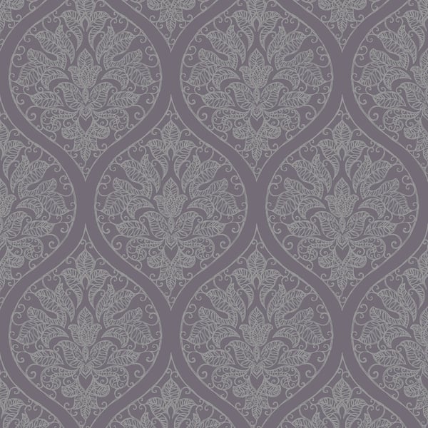 Purple damask wallpaper with intricate light-gray floral medallions and curved vines.