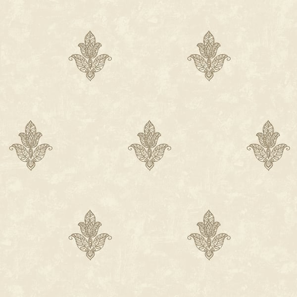 Cream-beige wallpaper with a repeating mehndi motif in an ornate vintage decorative pattern.