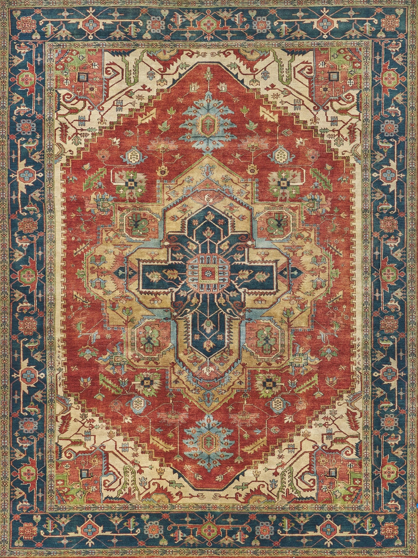 Vibrant Persian-style rug featuring rich reds, blues, and intricate floral motifs; rectangular shape ideal for living spaces.