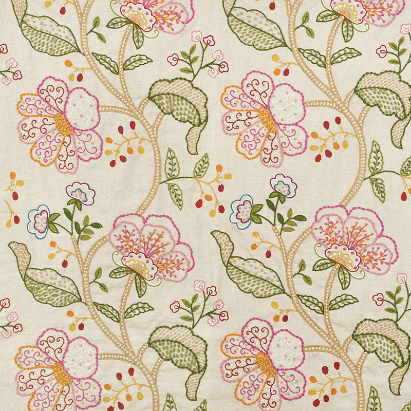 Floral fabric with pink and yellow flowers, green vines and leaves on ivory background; vintage embroidery style.