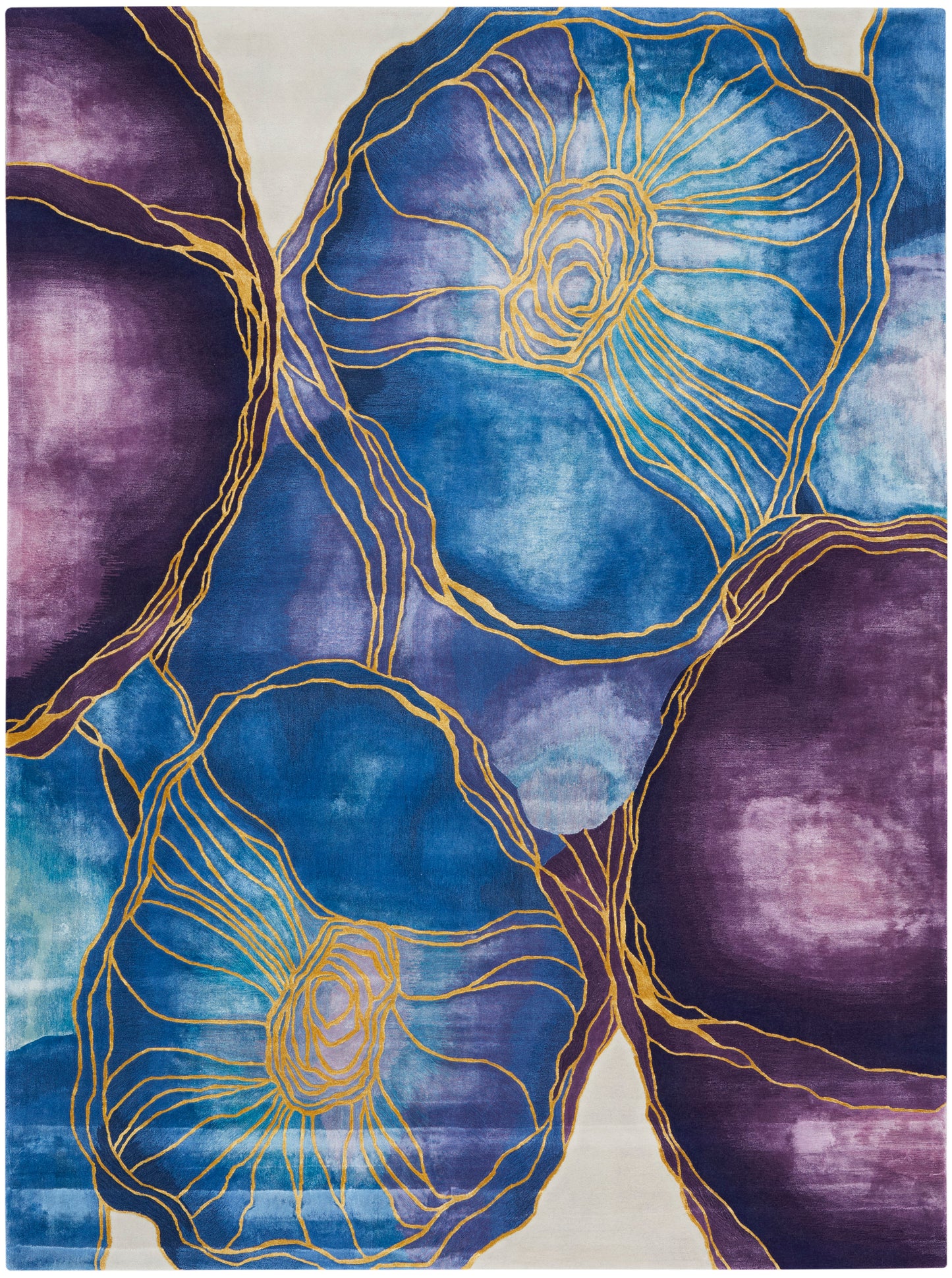 Abstract floral area rug in blue, teal and purple with gold outlines for a modern decorative look.
