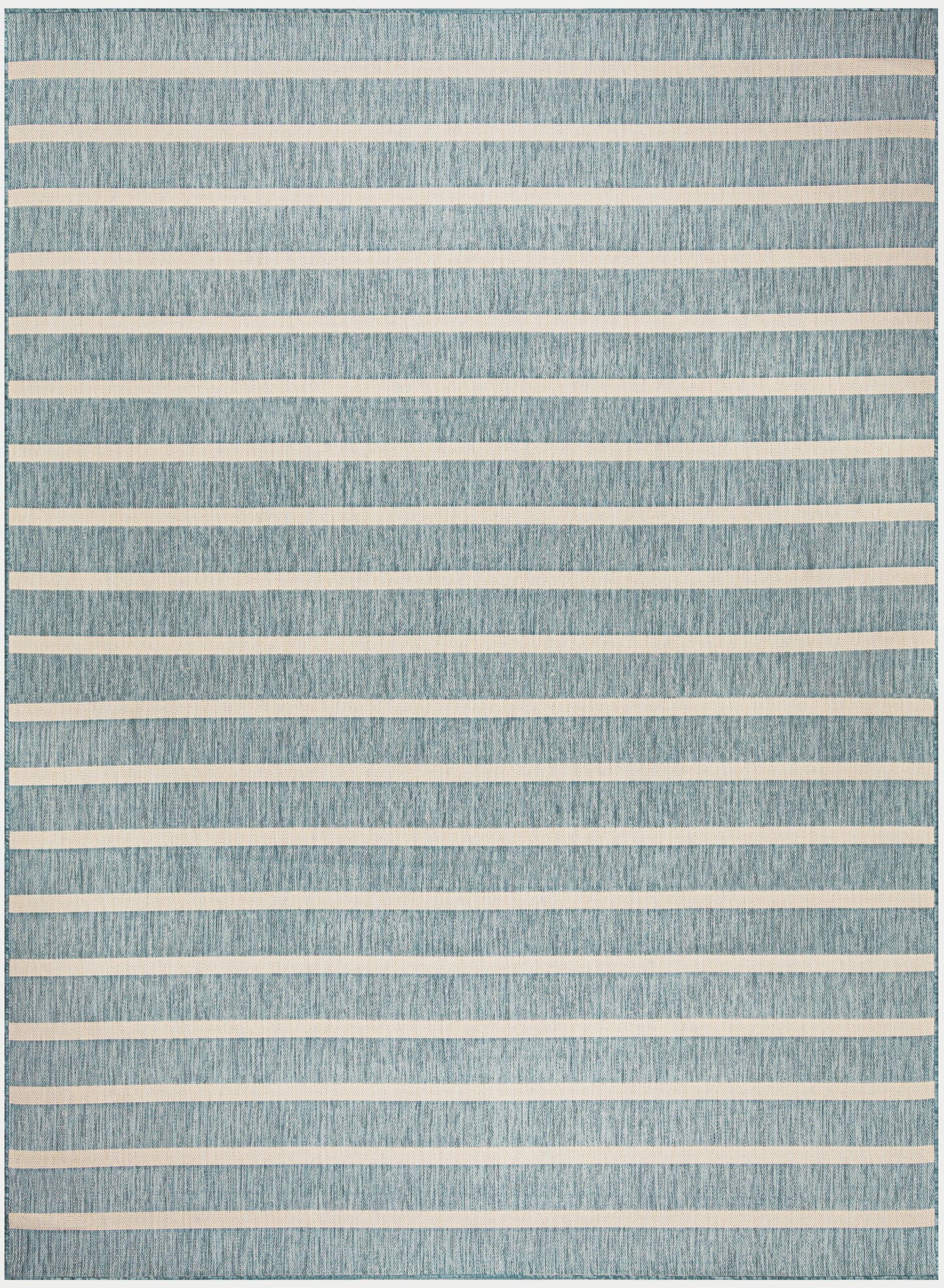 Blue textured area rug with cream horizontal stripes, rectangular and modern coastal style.