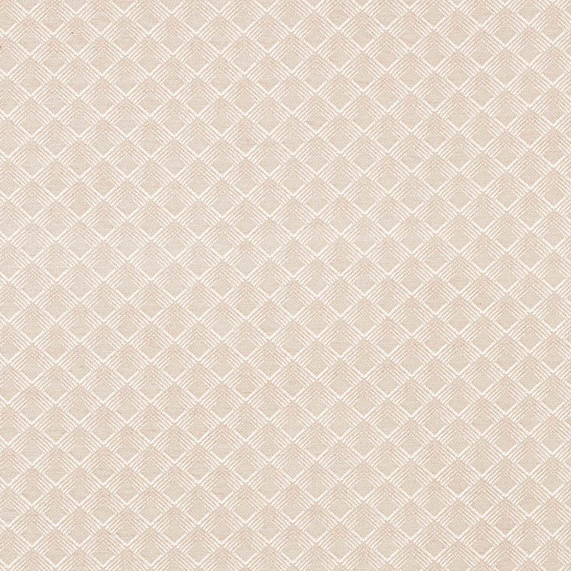 Beige jacquard fabric with a subtle diamond lattice pattern; soft woven texture for upholstery or drapes.
