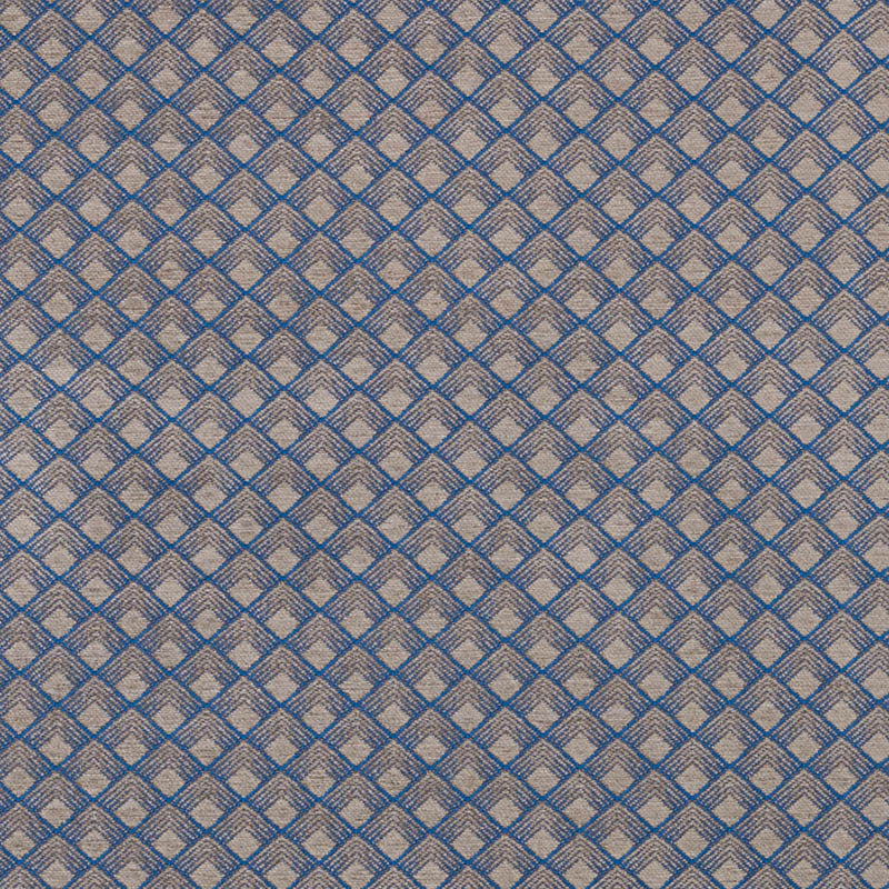 Blue and beige geometric diamond-lattice woven upholstery fabric.