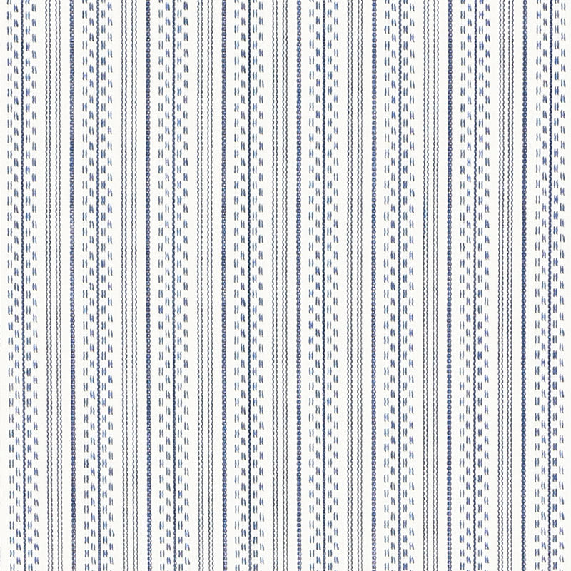 Blue and white striped woven fabric with vertical lines and dotted accents.