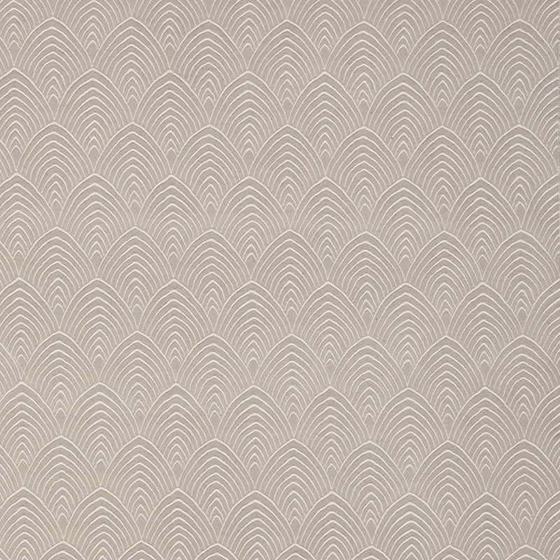 Taupe wallpaper with white scalloped feather-arch pattern in repeating geometric design.