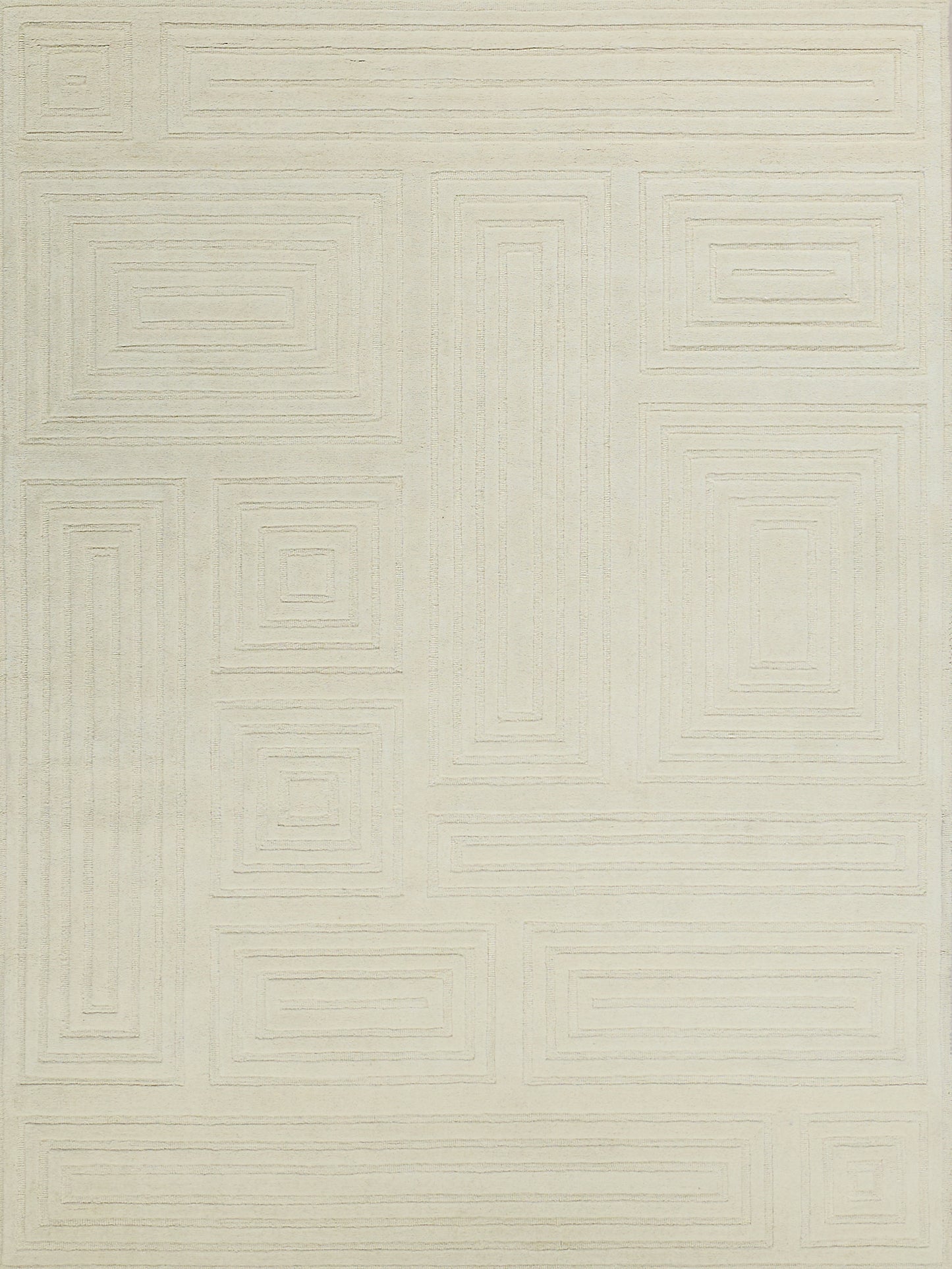 Cream area rug with subtle geometric stepped-square line pattern; textured woven surface for modern minimalist decor.