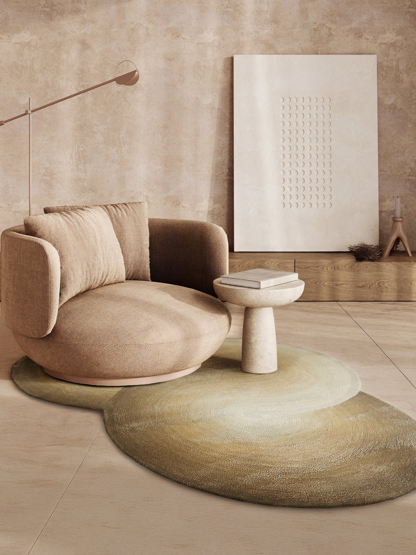 Beige gradient rug in a warm living room, with wall art.
