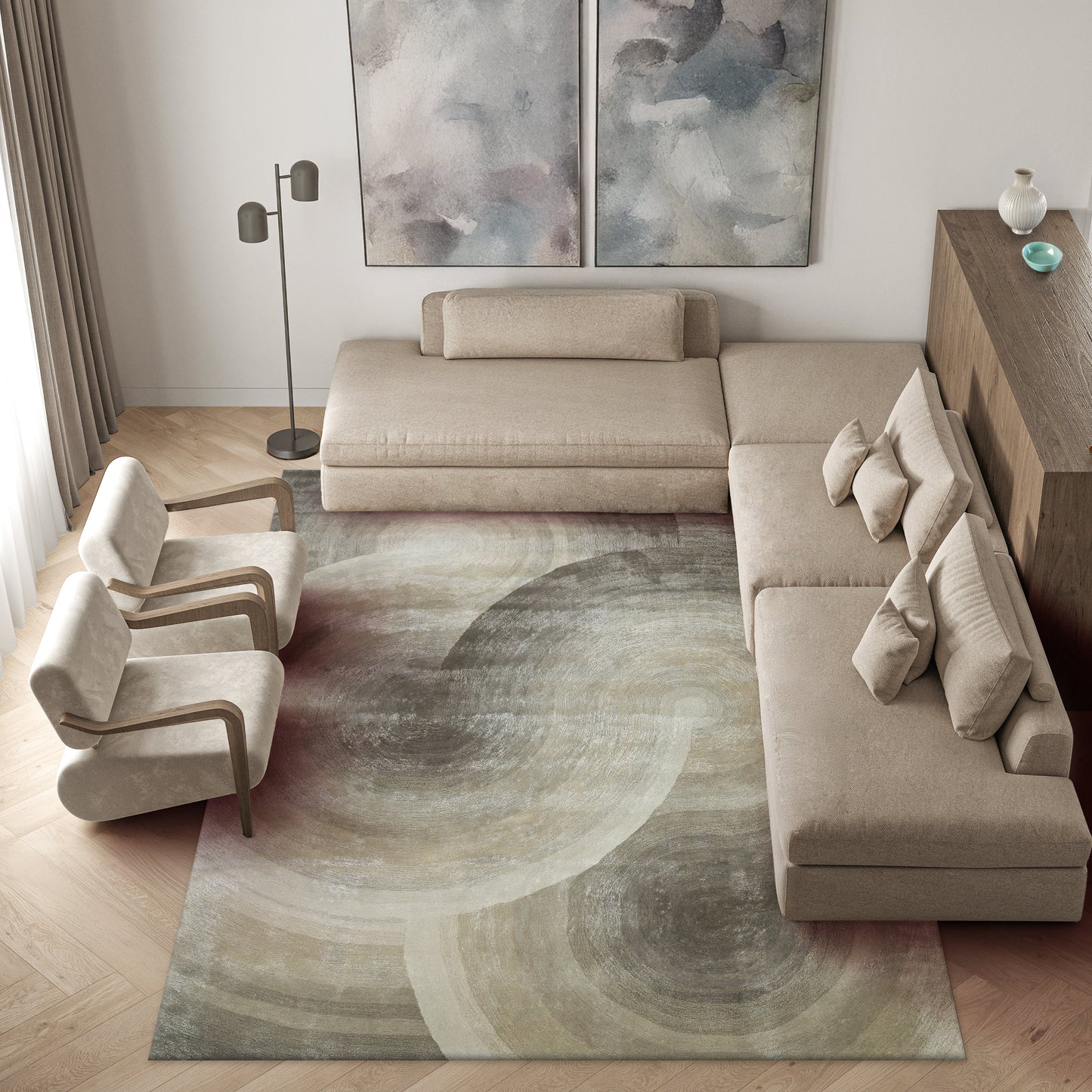 Beige indoor hand-tufted rug, 6' x 9'.