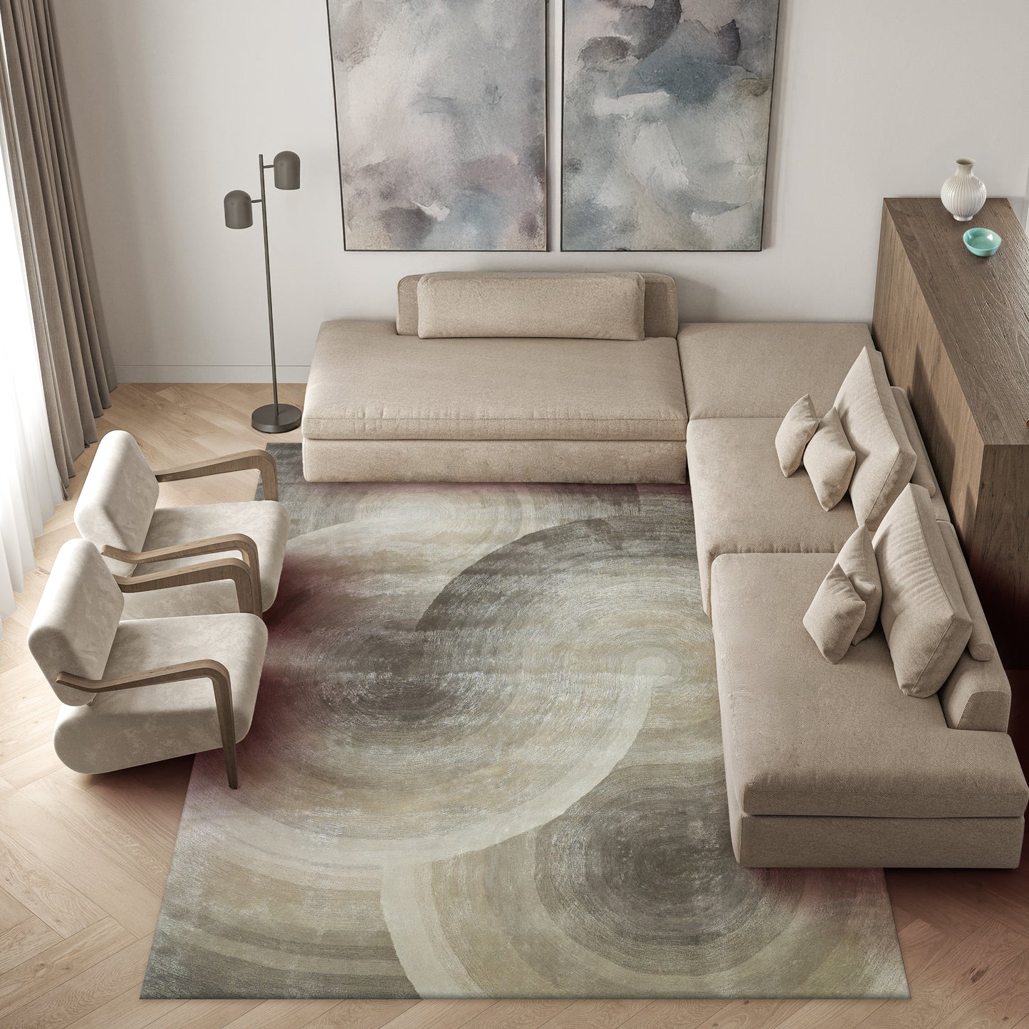 Beige indoor hand-tufted rug in a contemporary living room setting, 4' x 6'.
