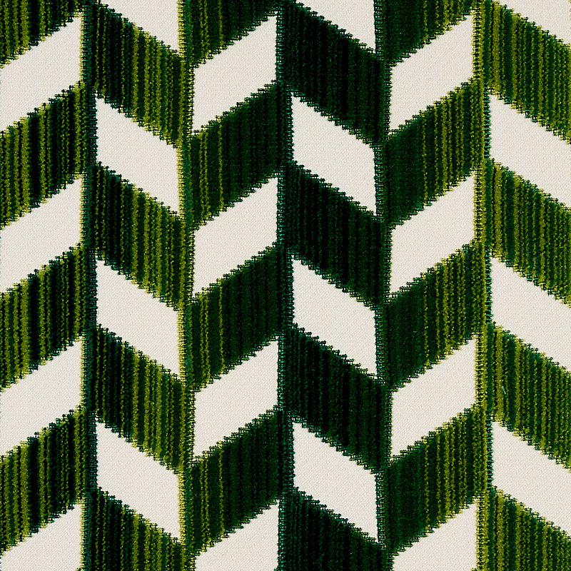 Chevron velvet in emerald with cream gaps; bold upholstery fabric.