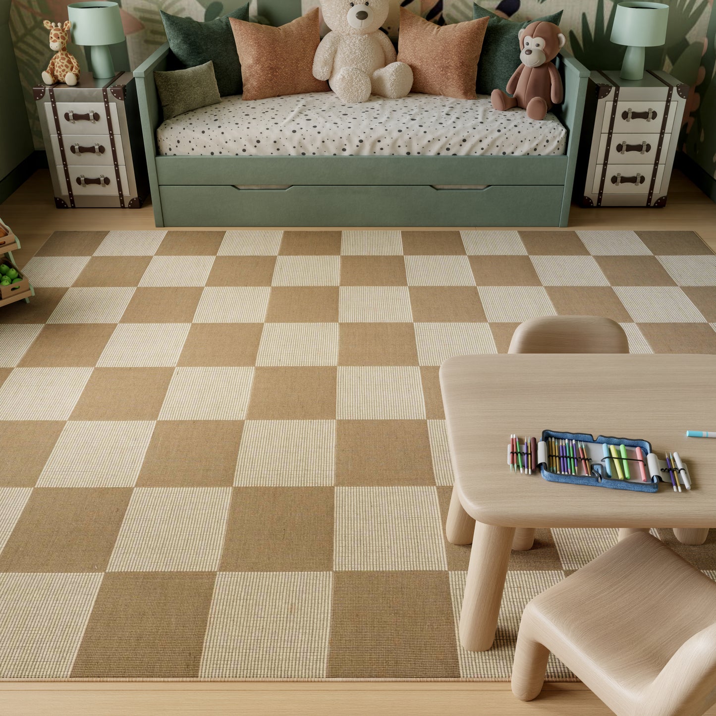 Kids' room with green storage bed, beige-brown checkerboard rug, wooden table with colored pencils, plush bears.