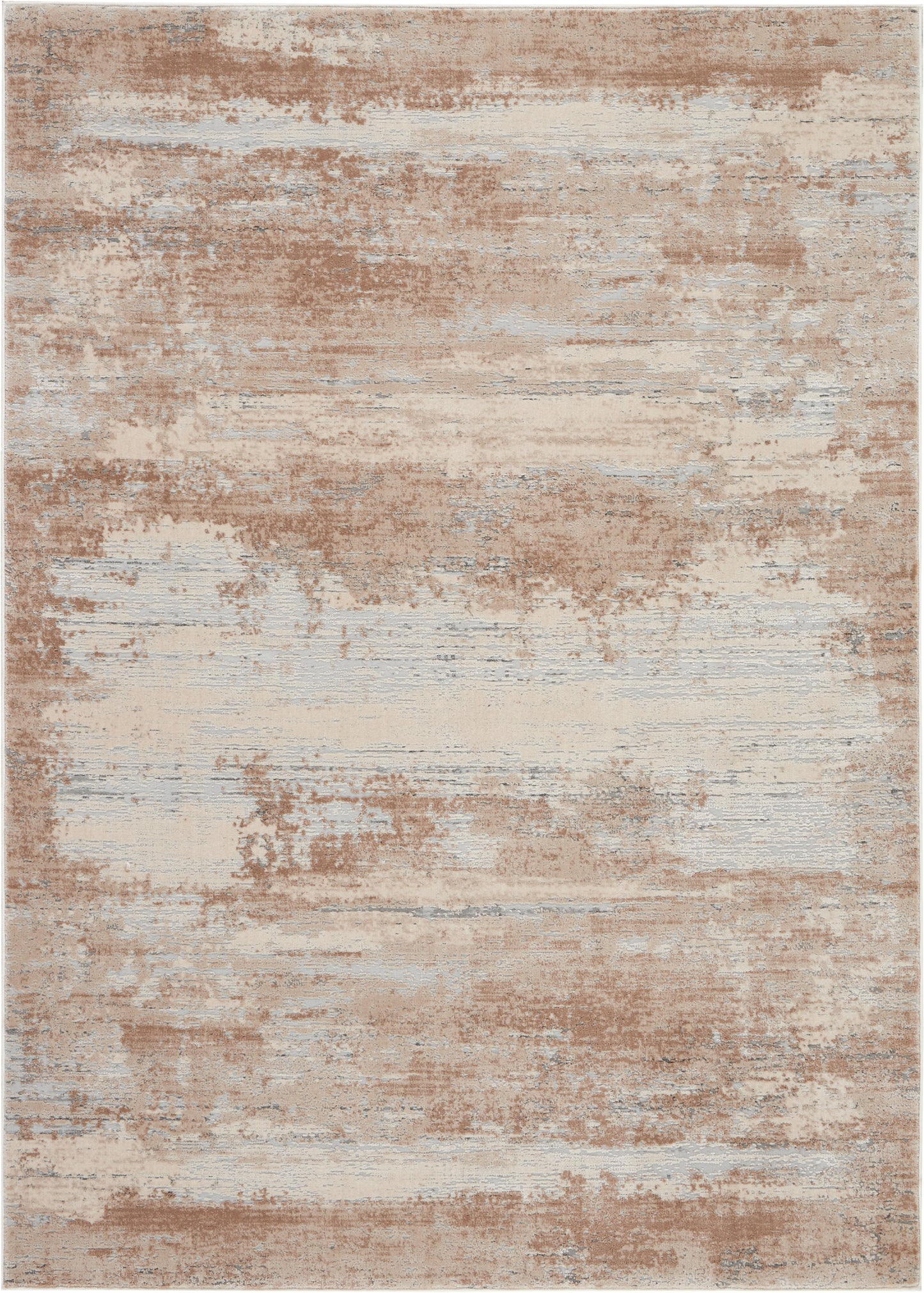 Rectangular abstract distressed area rug in beige, tan and pale blue-gray tones; modern, versatile floor decor.