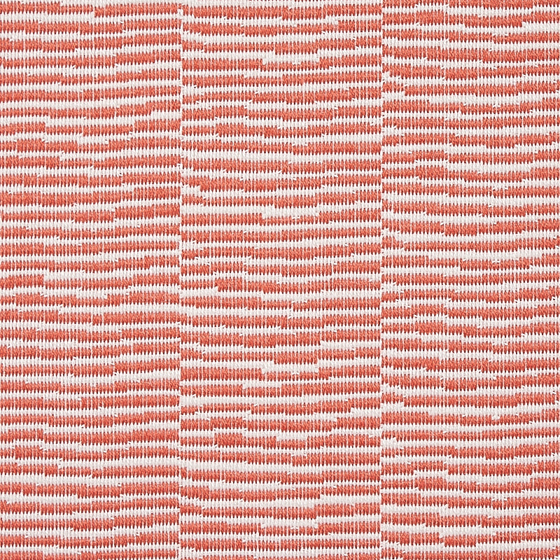Coral and white woven fabric with wavy horizontal stripes; cozy textile for throws or cushions.