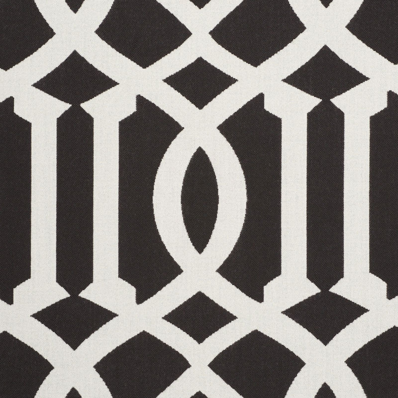 Black and white geometric lattice pattern with interlocking arches; bold damask-inspired textile print for upholstery.