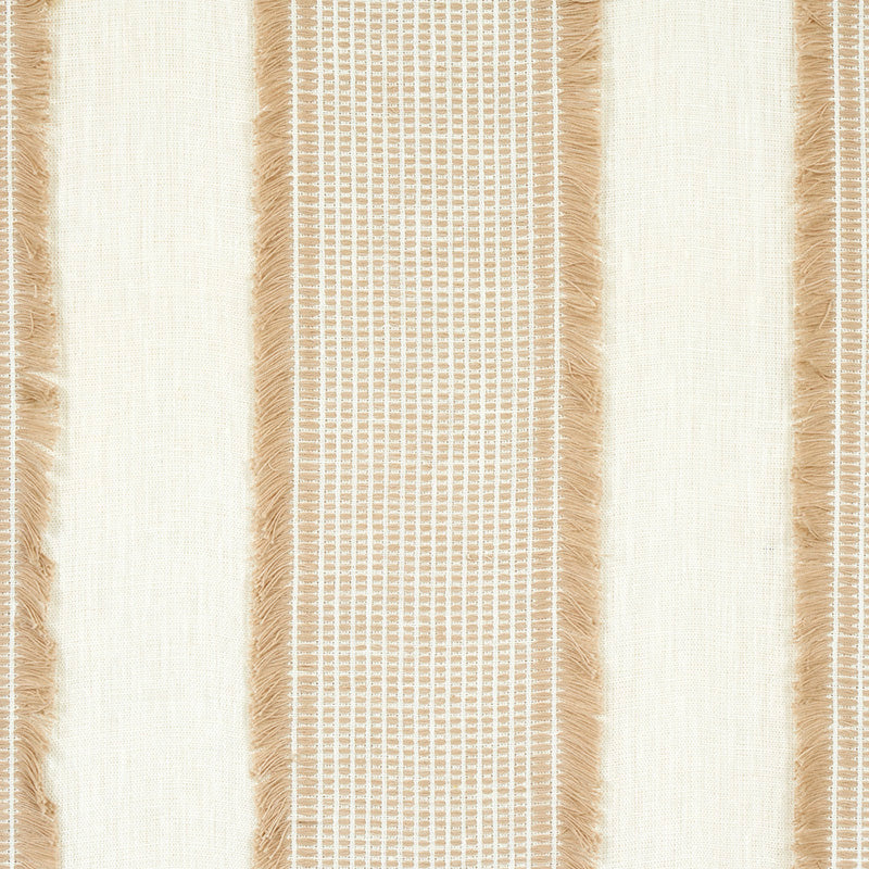 Cream and tan striped woven textile with fringed edges and a central grid-patterned stripe.
