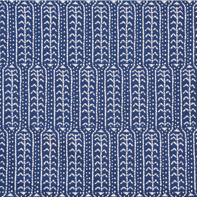 Navy blue fabric with white vertical leaf-like jacquard pattern; geometric jacquard weave.