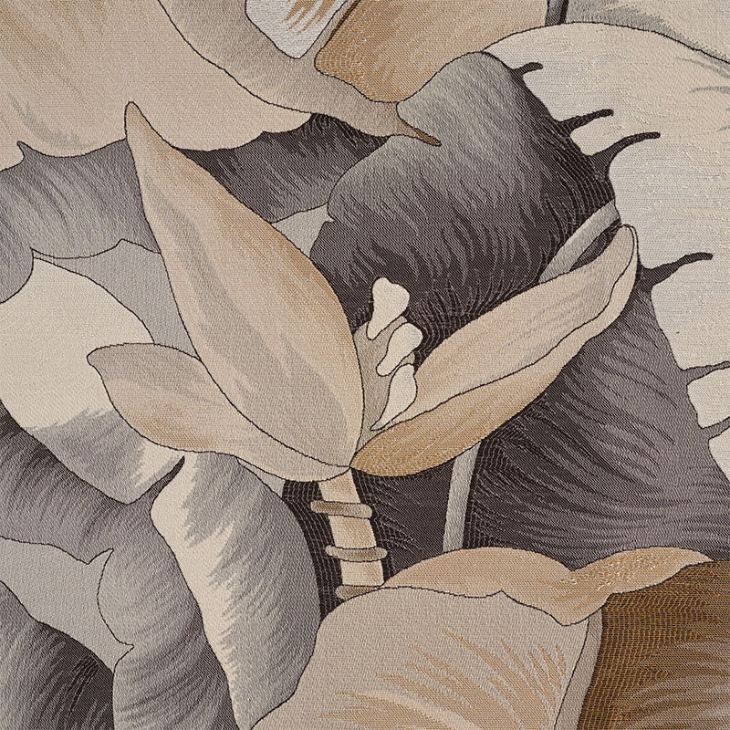 Neutral floral fabric pattern with overlapping beige, cream and grey leaves and abstract petals.